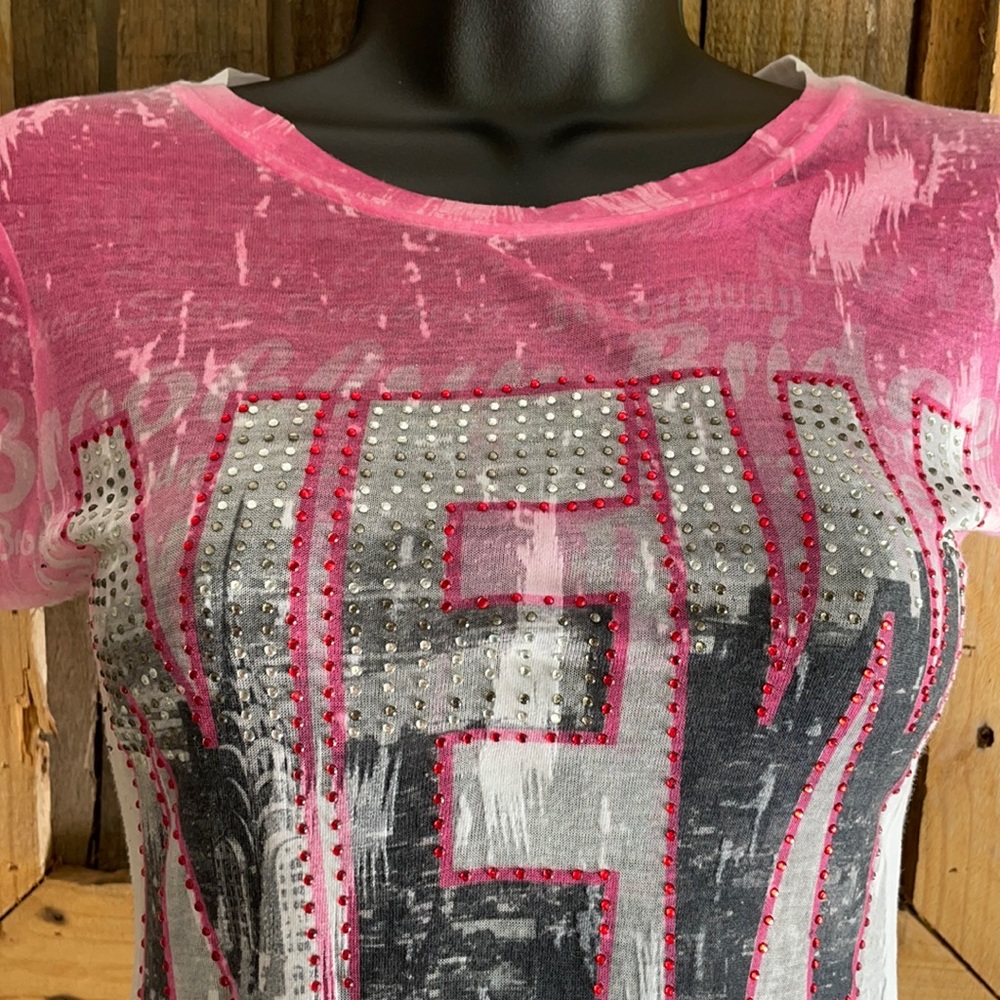 Pink white and blue New York tshirt rhinestones M - Picture 2 of 8